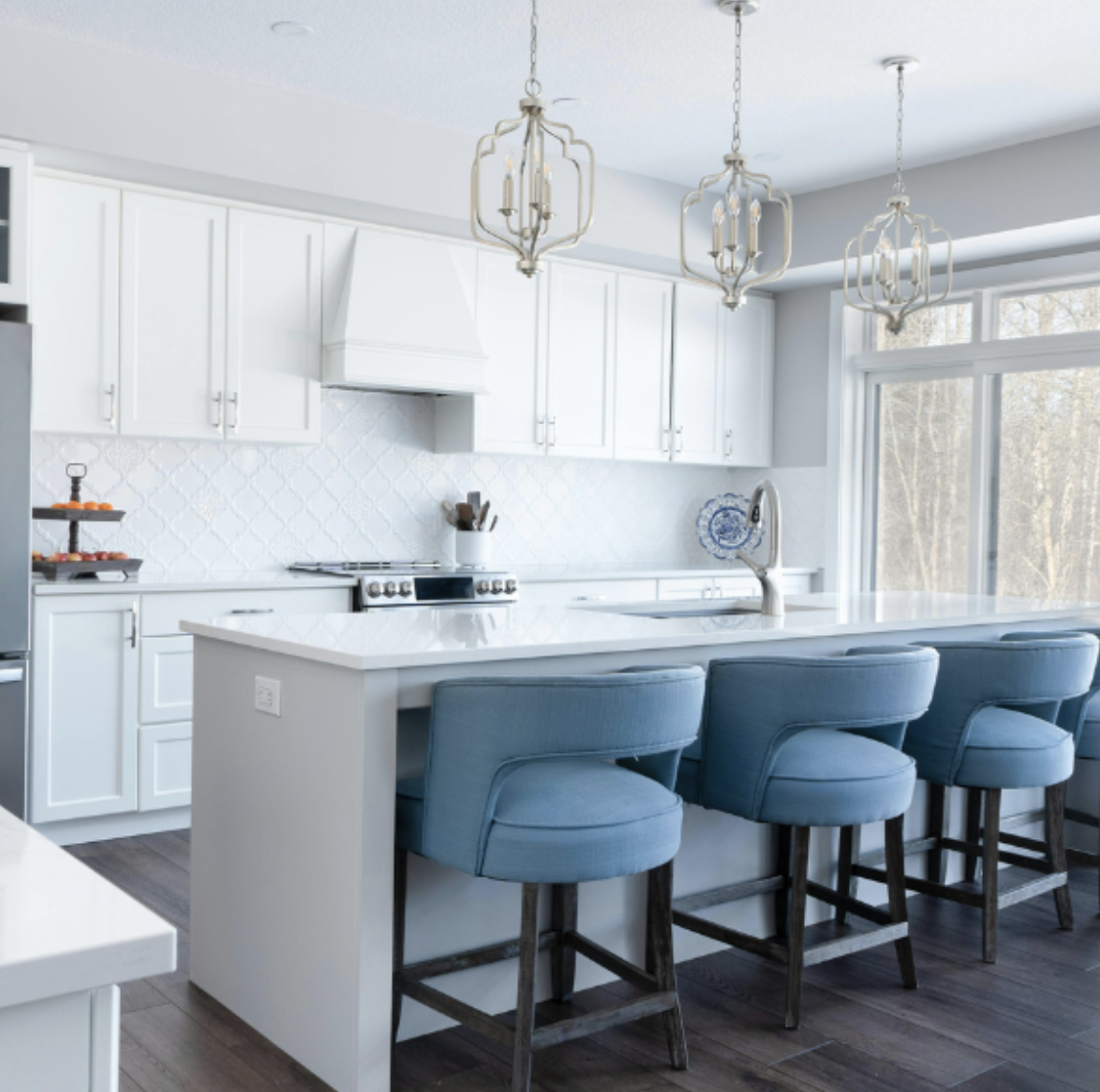 Kitchen counters, cabinets and refrigerator after a deep cleaning